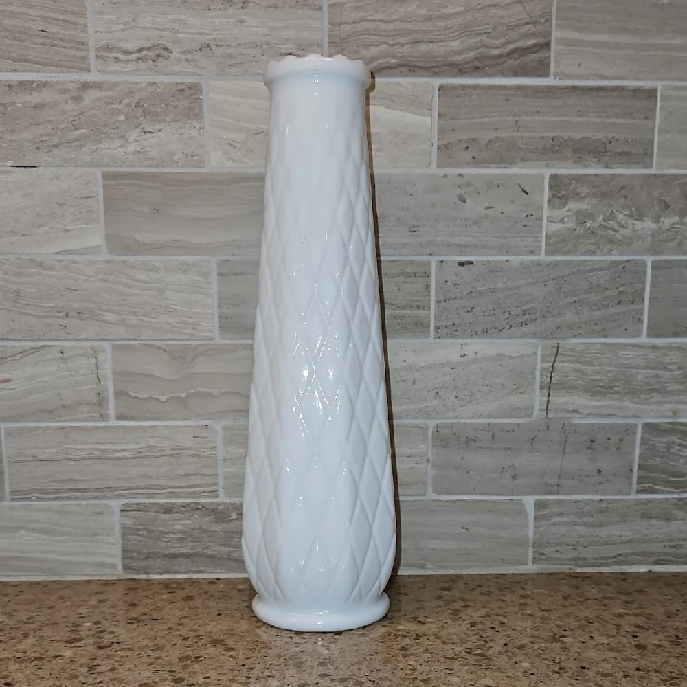 E C Brody Flower Bud Vase Diamond Quilted Milk Glass Vintage